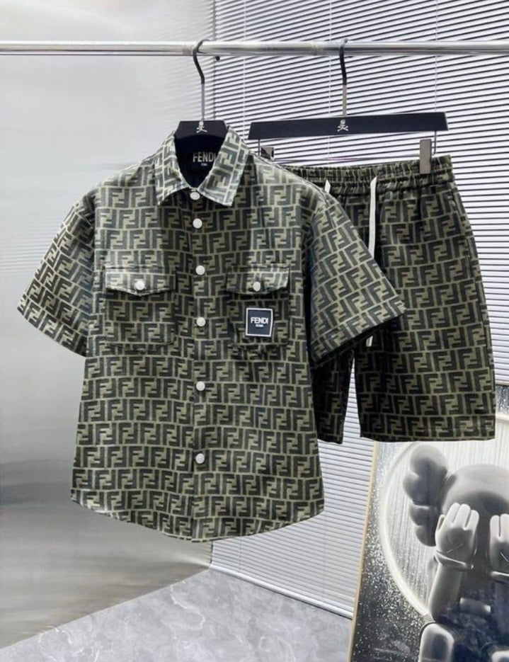 FENDI LINEN FF LOGO PRINT SHORT SET