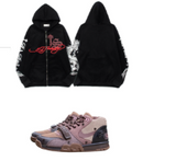 Black hoodie with red logo, black pants, and pink sneakers on a white background